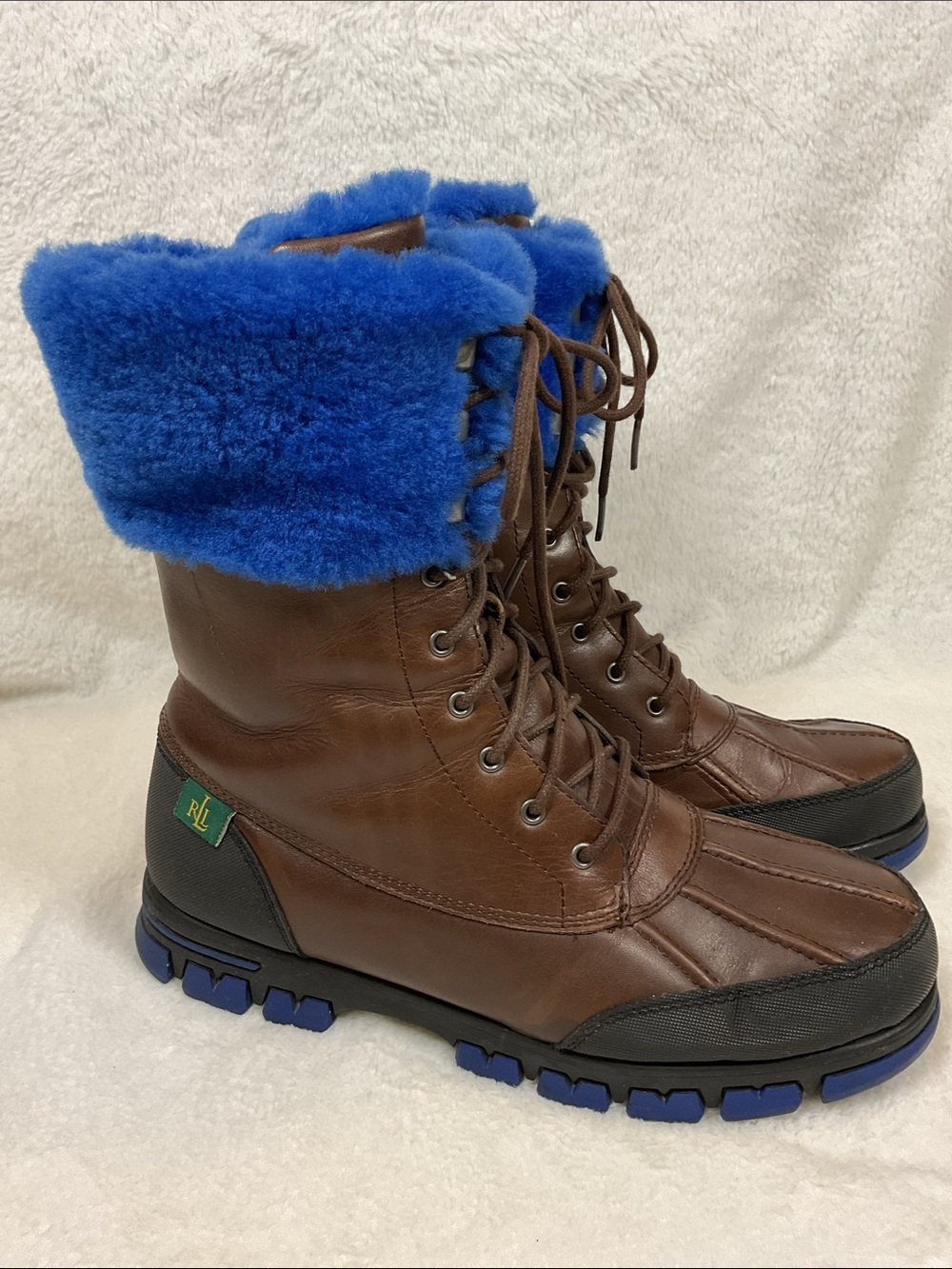 Lauren Ralph Lauren Quinta Leather Boots with Bright Blue Shearling Size 8.5